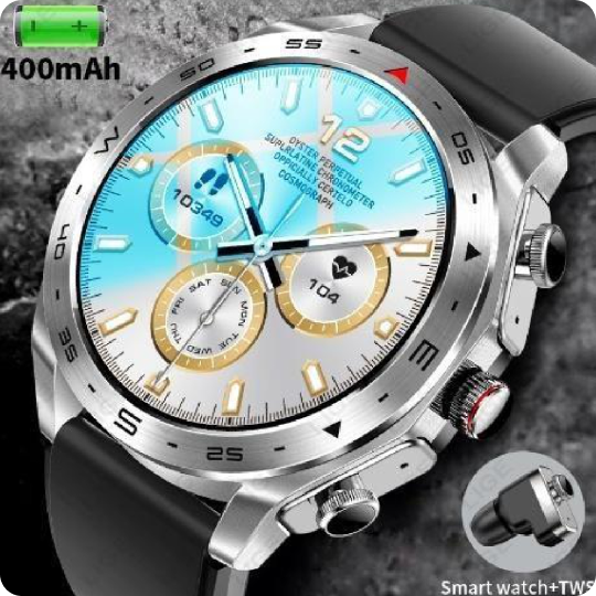 Silver Smartwatch with TWS earbuds showing a detailed dial and a small earbud icon in the corner.