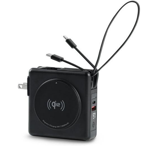 Black Magnetic wireless power bank with cables featuring built-in charging cords and a fold-out wall plug.