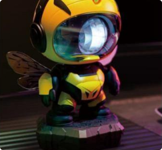 Bee robot night light projector with a yellow and black body illuminating a glowing visor display.