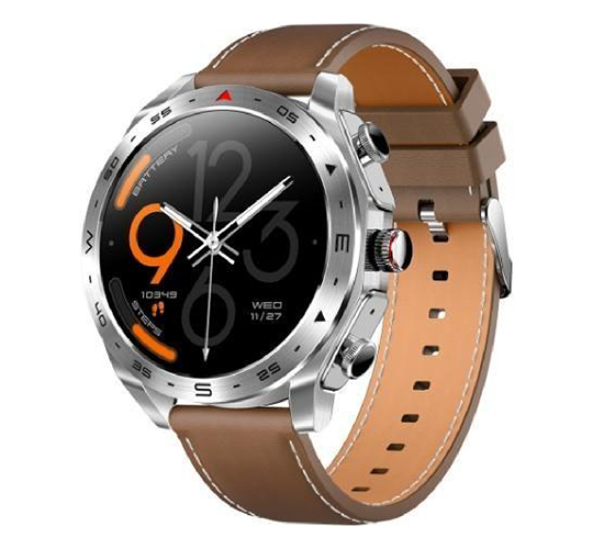 Silver men's smartwatch with leather strap featuring a classic round digital face display.