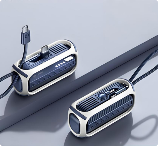 Compact blue and white portable power bank with built-in cables attached for convenient charging.