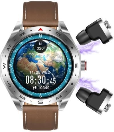Silver round Smart Watch with Earbuds displaying earbuds docked on both side ports.