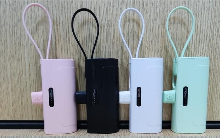 Lineup of pastel Portable Power Bank options featuring built-in carrying lanyards.