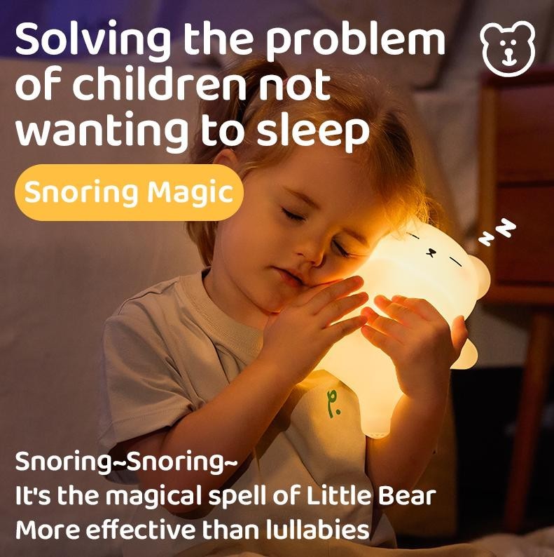 Child hugging a warm glowing A snoring baby bear light toy to fall asleep easily at bedtime.