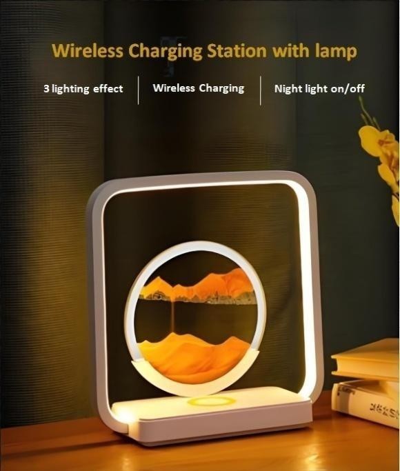 Square frame Wireless Charger Lamp displaying a glowing moving sand art panel inside.