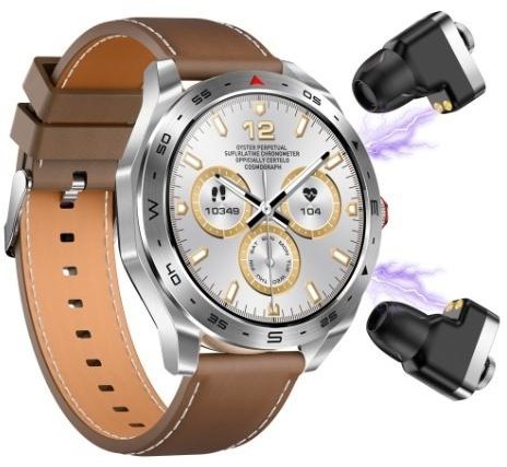 Brown leather Smart Watch with Earbuds showing earbuds popped out of watch chassis.