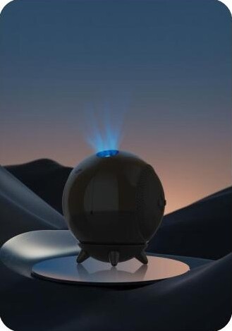 Black minimalist spherical Sky Projector with top light beam aperture on a display stand.