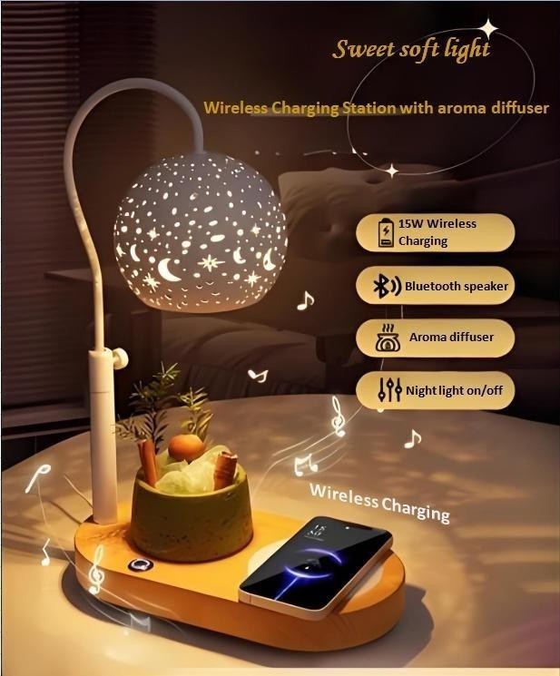 Ornate patterned globe night light and base setup for a Wireless Charger Lamp.