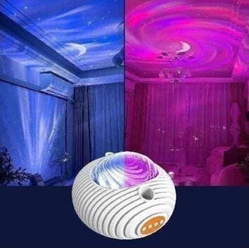 White dome Sky Projector showing blue and pink lighting effects projected across a bedroom ceiling.