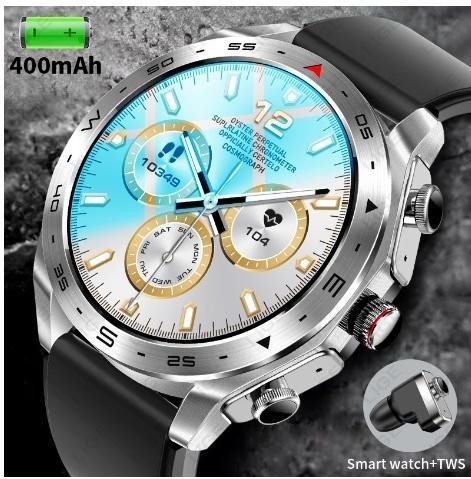 Silver circular Smart Watch with Earbuds highlighting 400mAh battery capacity.