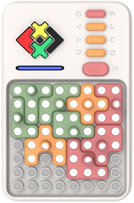 Handheld electronic puzzle toy with colorful interlocking geometric tiles and control buttons.