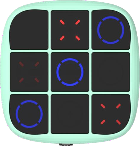 Mint green square electronic Tic-Tac-Toe game device displaying glowing red cross and blue circle symbols.
