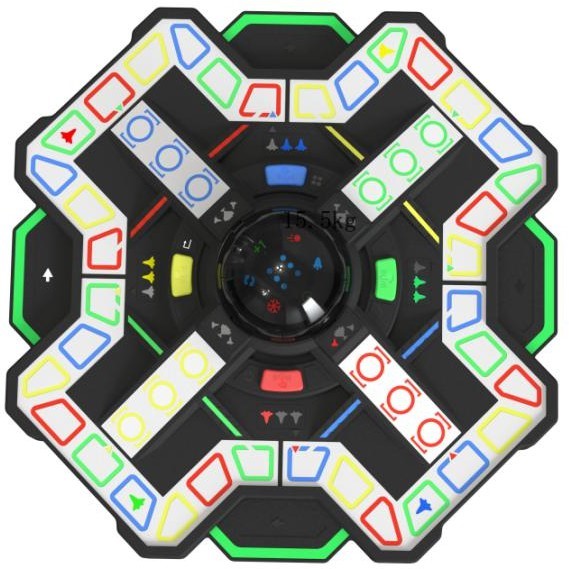 Top-down view of an interactive cross-shaped electronic board game with colorful LED lighting.