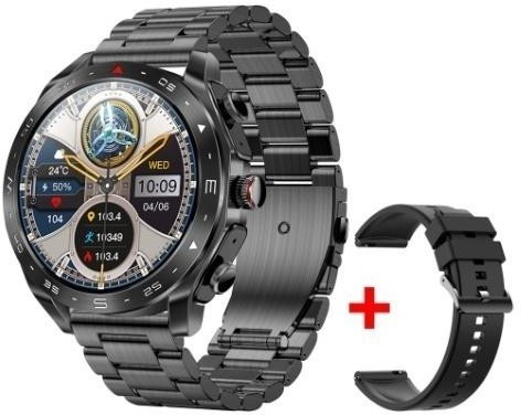 Black steel Smart Watch with Earbuds showing extra silicone band inclusion.
