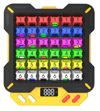 Electronic number sliding puzzle game with colorful numbered blocks arranged in rows on a black and yellow handheld device.
