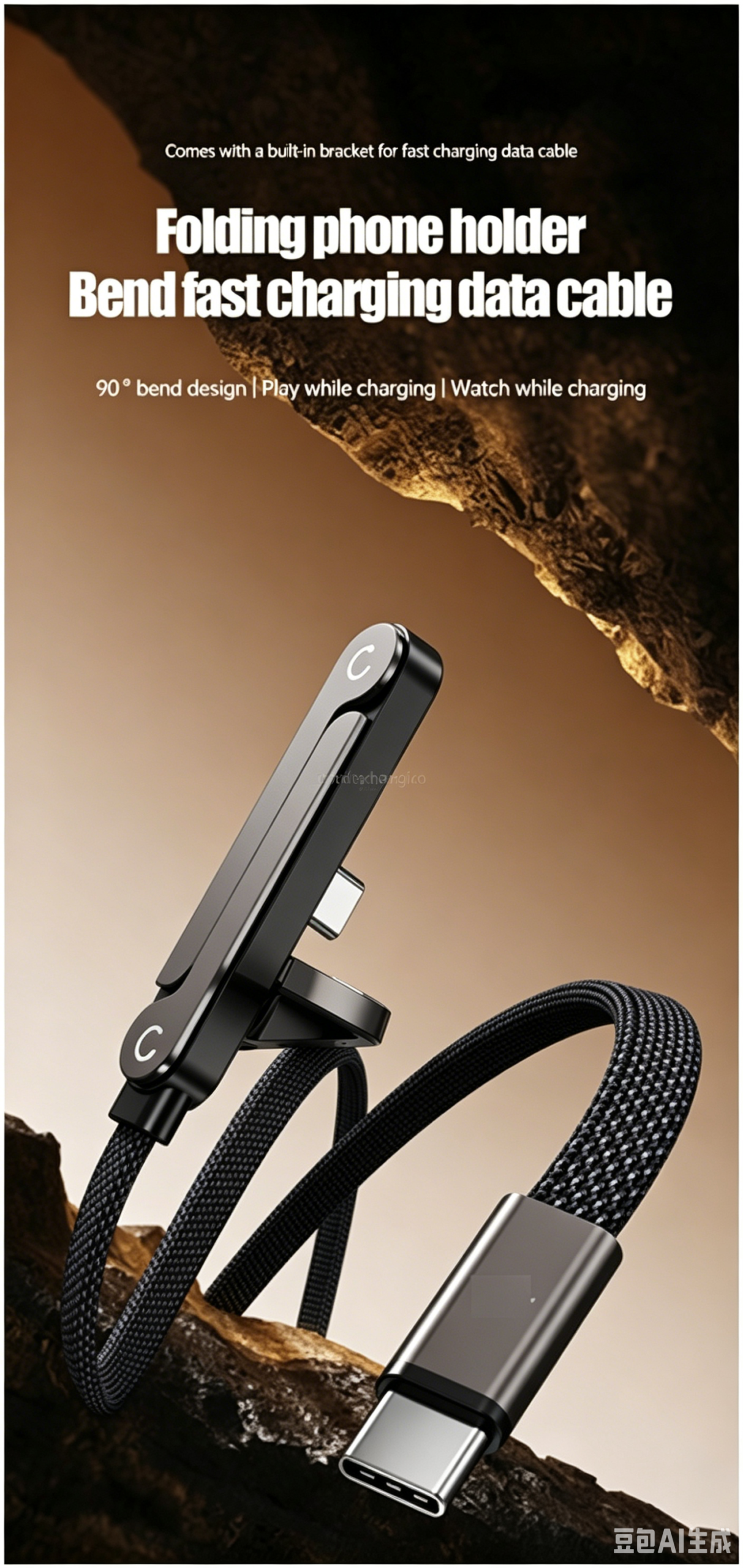 Product graphic displaying a braided fast-charging cable with a 90-degree USB-C connector featuring an integrated fold-out kickstand bracket.