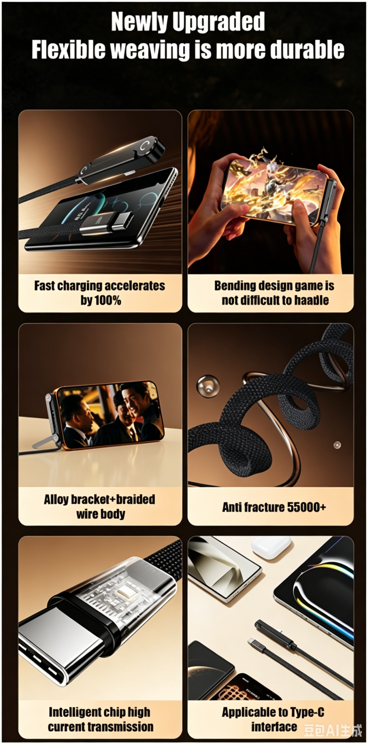 Six-panel promotional graphic highlighting cable features: fast charging, right-angle elbow design, built-in stand, durable braided body, smart chip, and Type-C compatibility.