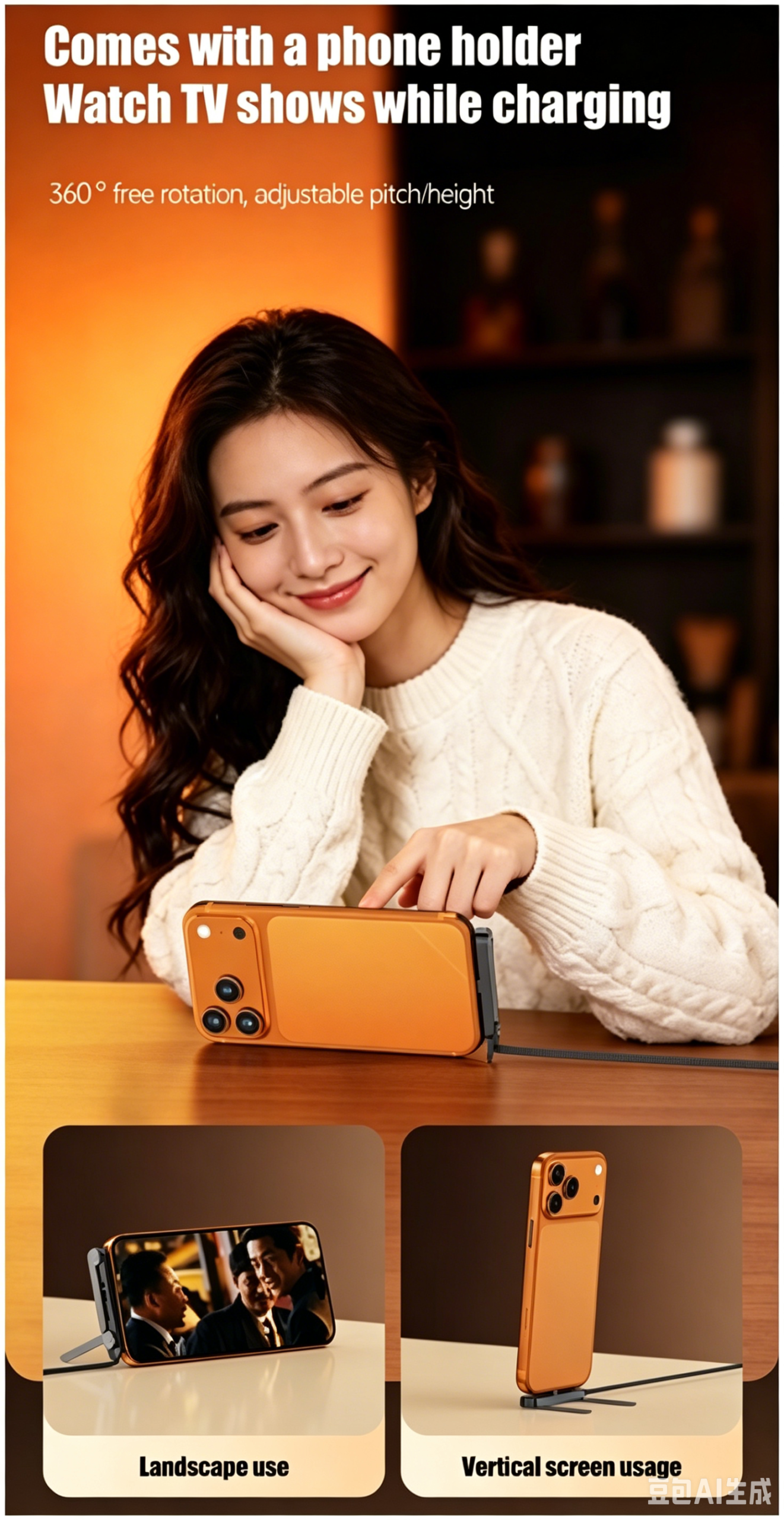 Woman resting her chin on her hand while watching a smartphone propped up horizontally on a desk using a cable connector stand, with smaller photos showing landscape and vertical screen setups.