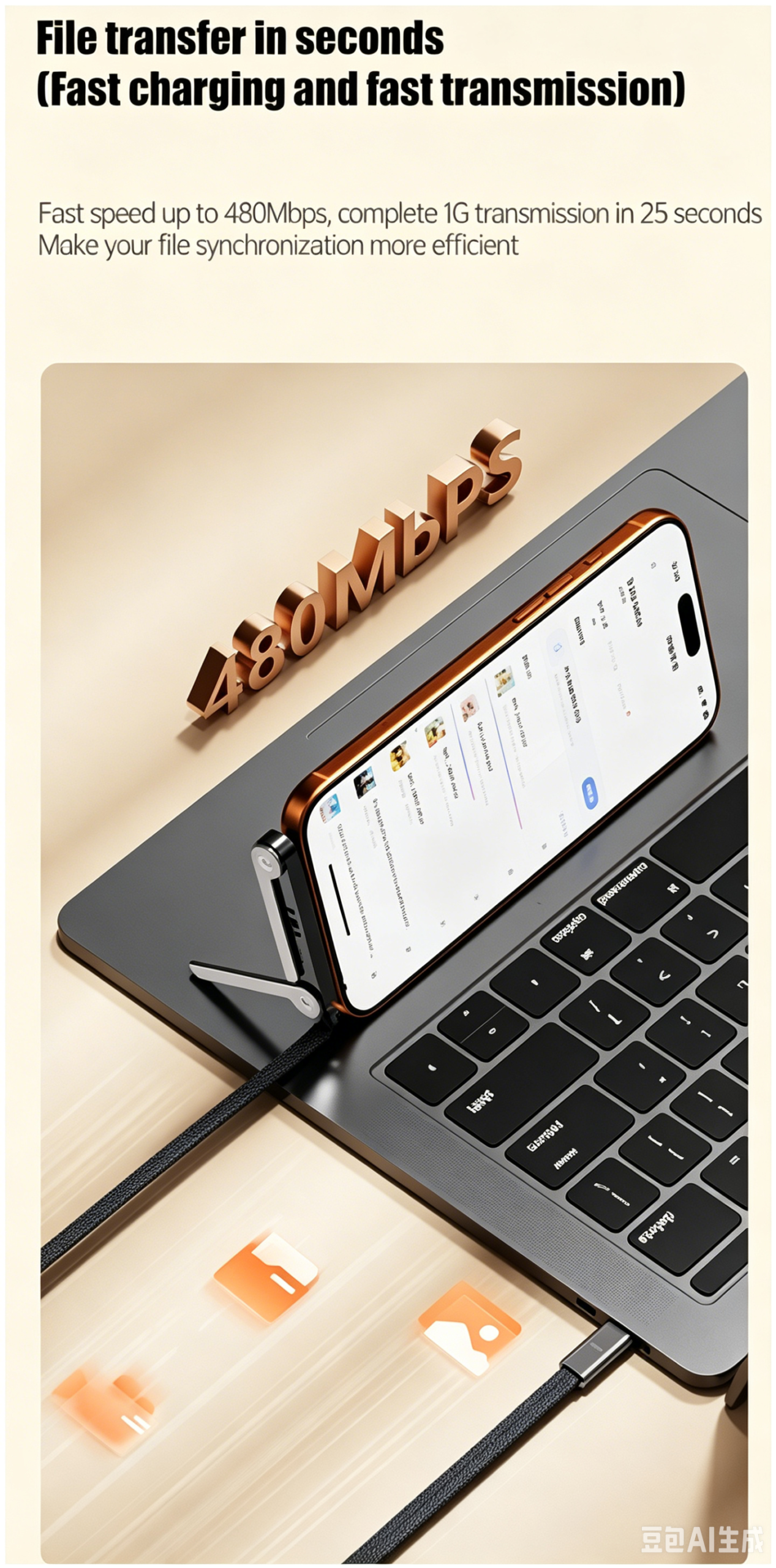 Graphic showing a smartphone connected to a laptop via cable with 480Mbps text and floating file icons illustrating high-speed data transmission.