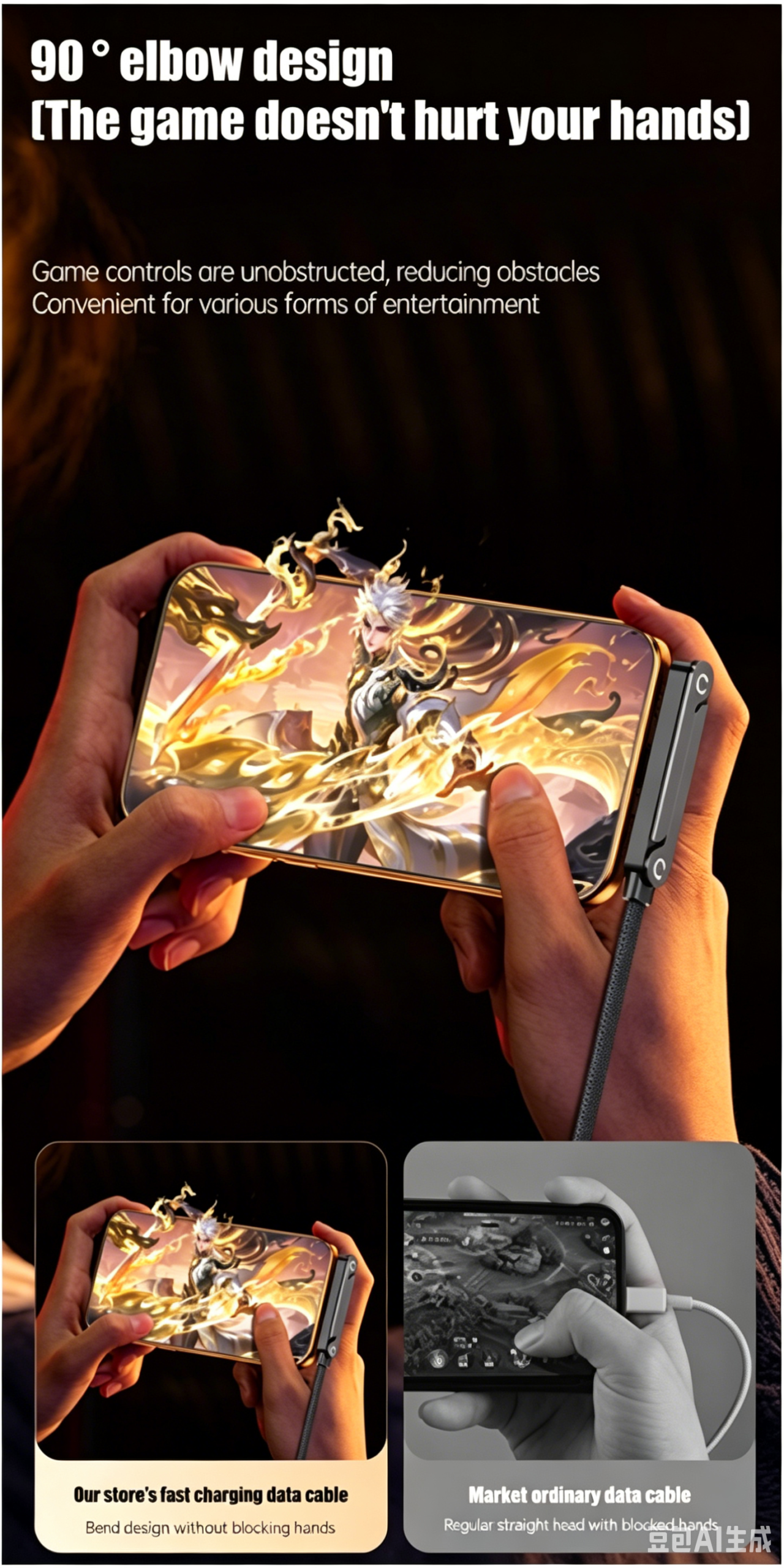 Graphic showing hands holding a smartphone horizontally while playing a game, connected to a 90-degree right-angle charging cable along the side.