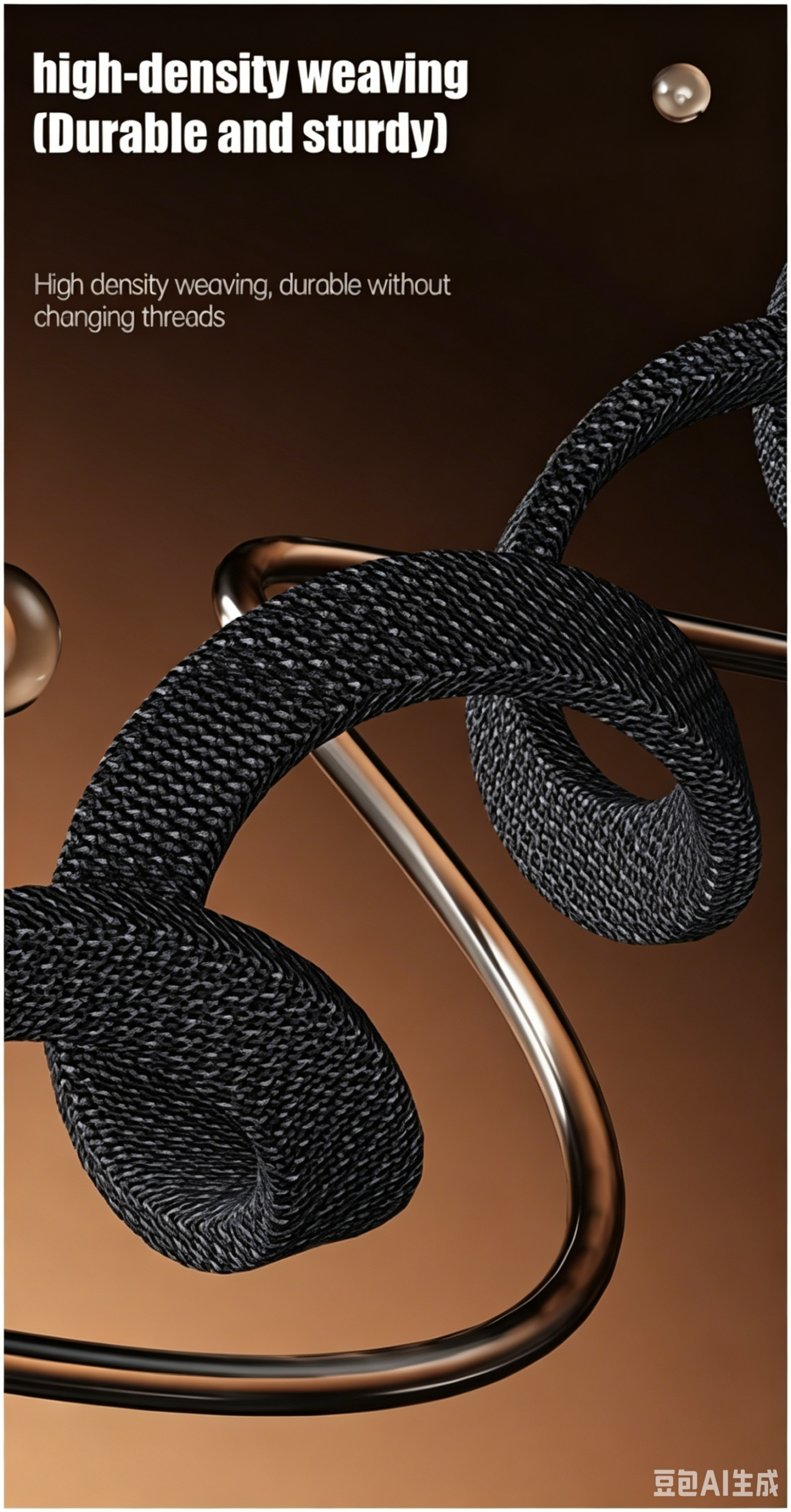 Close-up graphic of a tightly woven black braided cable spiraling around metallic tubing against a warm bronze background.