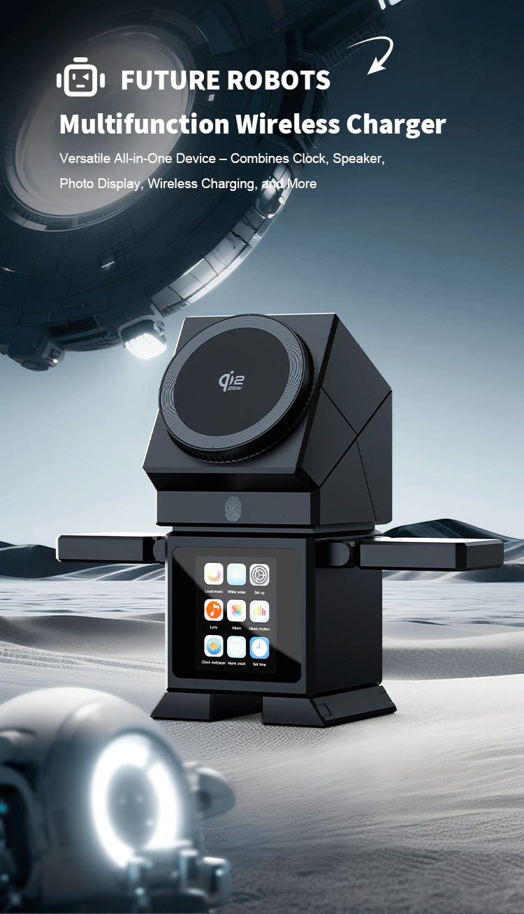 Futuristic poster showing a black robot-shaped wireless charger with a display screen, set against a sci-fi desert background with a hovering spaceship.