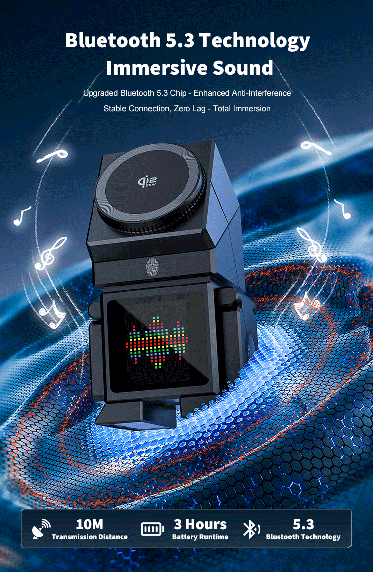 Robot-shaped wireless speaker and charger unit resting over a blue acoustic mesh background with glowing musical notes floating around it.