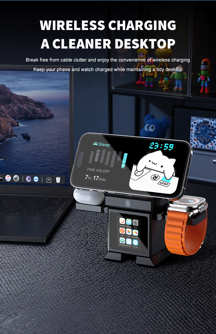 Desktop setup featuring a robot-shaped multi-device wireless charging station holding a smartphone, smartwatch, and earbud case next to a laptop.