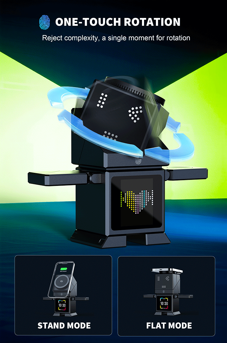 Robot-shaped wireless charger showing its rotating top head mechanism, with inset photos demonstrating stand mode and flat mode.