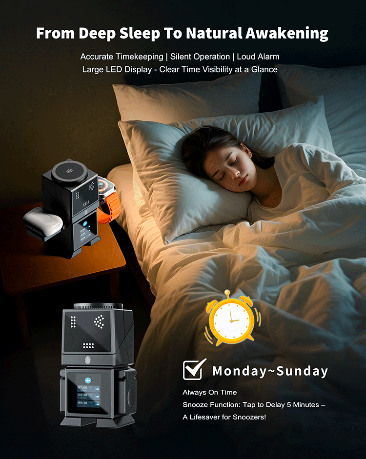 Woman sleeping in bed beside a nightstand holding a multi-function robot-shaped alarm clock charging station with an illuminated screen.