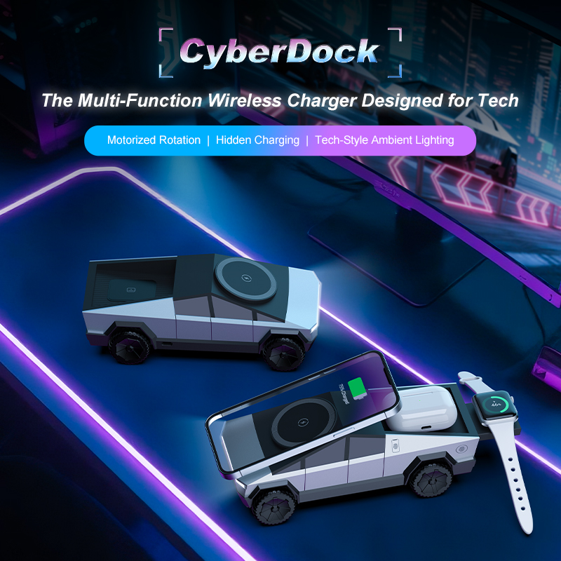 CyberDock promotional image featuring two Cybertruck-style wireless chargers on a desk illuminated with neon ambient lighting, demonstrating standalone design and active multi-device charging.