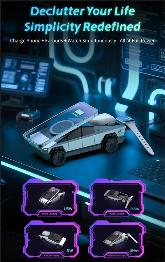 Cybertruck-style wireless charger concurrently charging a smartphone angled on the roof, earbuds in the rear compartment, and a smartwatch extending from the back.