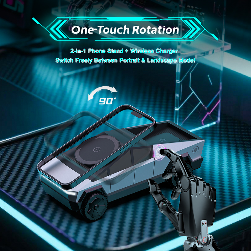 Robotic hand pressing a button on a Cybertruck-shaped charger, triggering a sliding earphone tray to pop out from the rear bed.