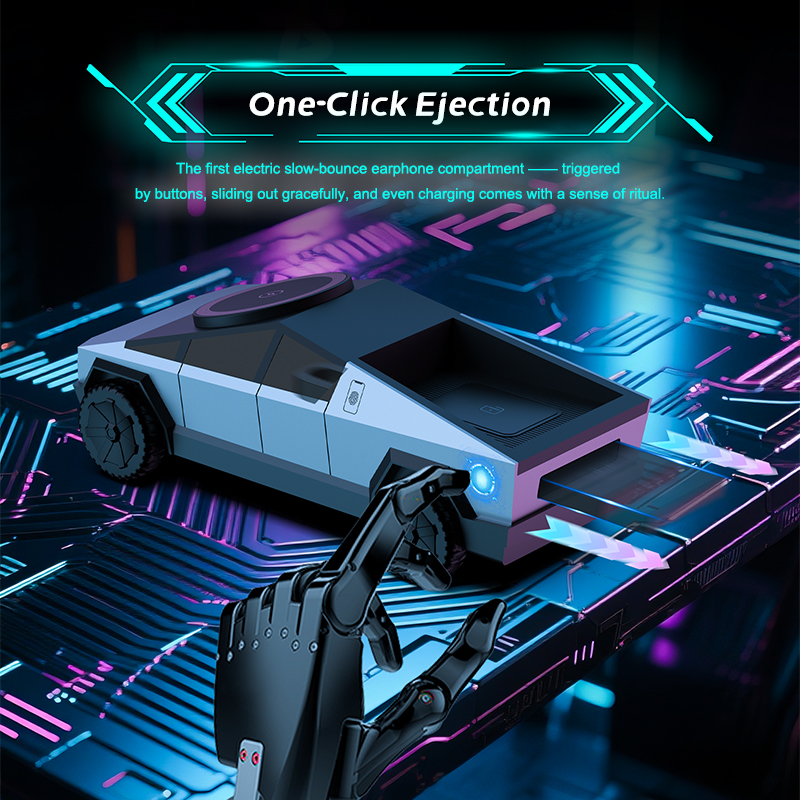 Robotic hand pressing a button on a Cybertruck-shaped charger, triggering a sliding earphone tray to pop out from the rear bed.