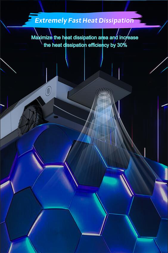 Underside graphic of a Cybertruck-shaped wireless charger revealing vent grilles emitting light rays to demonstrate enhanced cooling performance.