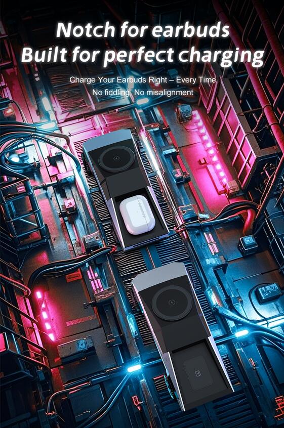 Cybertruck-inspired wireless charger set on a futuristic industrial grid, highlighting a custom recessed notch designed for wireless earbud case alignment.
