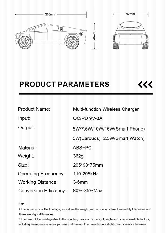 Product parameter sheet showing dimensional line drawings of a Cybertruck-inspired wireless charger above technical specifications on a light background.