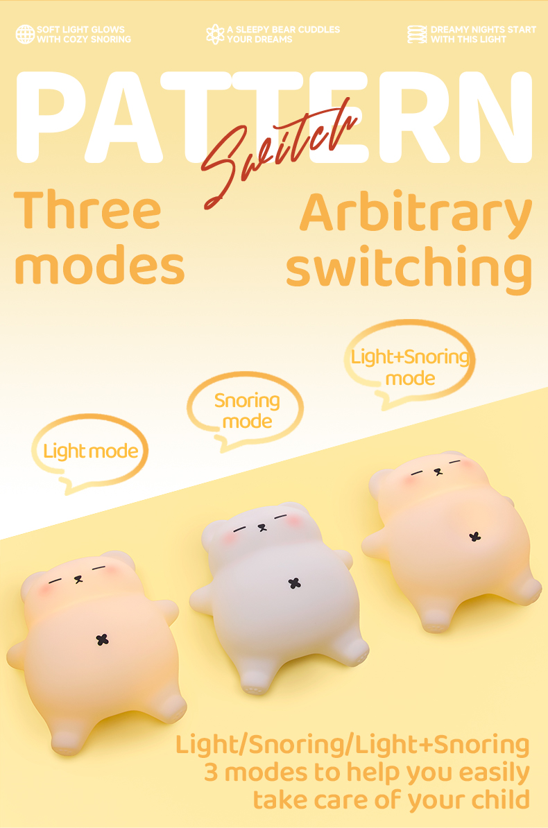 Three bear-shaped night lights arranged side by side on a yellow surface, with speech bubbles highlighting Light mode, Snoring mode, and Light+Snoring mode.