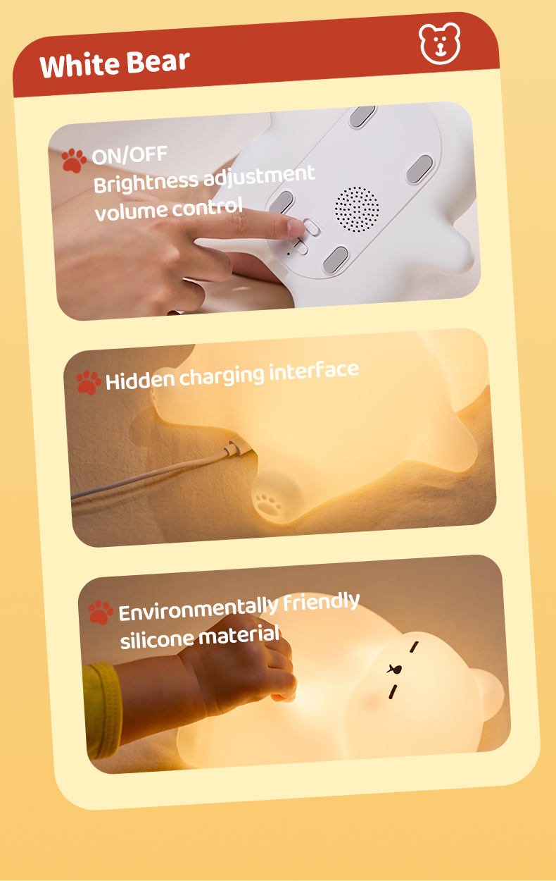 White bear-shaped night light with brightness and volume controls, hidden charging interface, and environmentally friendly silicone material.